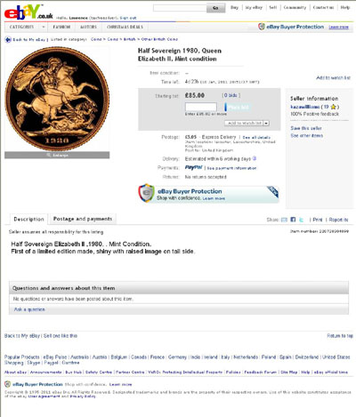 kazawilliams's eBay Listing Using our 1980 Gold Proof Half Sovereign Photographs